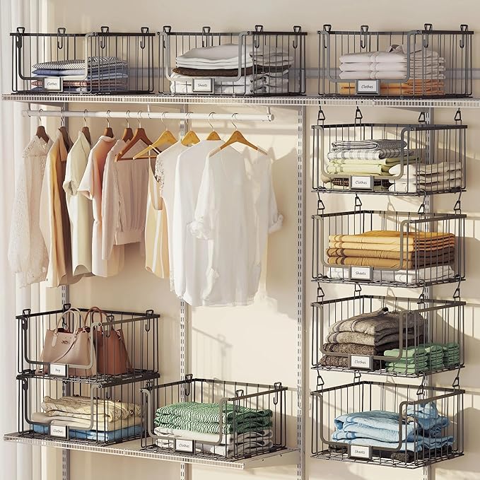 5-Tier Hanging Laundry Room Organizer with Label Cards, Foldable Wire Shelf Basket with 4 Rotating Hooks, Stacked Storage Rack for Laundry Rooms, Closet and Pantry, Black Metal