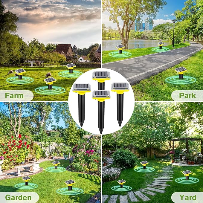 Solar Mole Repellent, Ultrasonic Gopher Repeller Outdoor, Solar Powered Waterproof Snake Repellent Deterrent Gopher Vole Snake Pest and Other Animals from Lawn Garden Yard Home(LightYellow, 4 Packs)