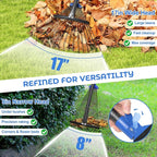 Adjustable Garden Rake for Leaves-Heavy Duty Metal Rake with 8-17" Expandable Head,Long Handle Lawn & Yard for Grass, Shrubs,Flower Beds,Camping,Outdoor Cleaning, Women & Kids
