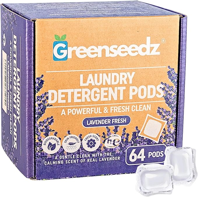 Greenseedz Laundry Pods, Fresh Lavender Scent, 64 Pacs, Eco Friendly, Powerful Clean, Skin Friendly, Biodegradable, HE Compatible