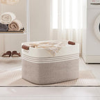 100L Extra Large Laundry Basket with Leather Handles for Living Room Storage, Woven Rope Baskets for Blanket, Kids Toy, Gifts, Wicker Hamper for Bedroom Dirty Clothes, 24"x16"x16" White Brown