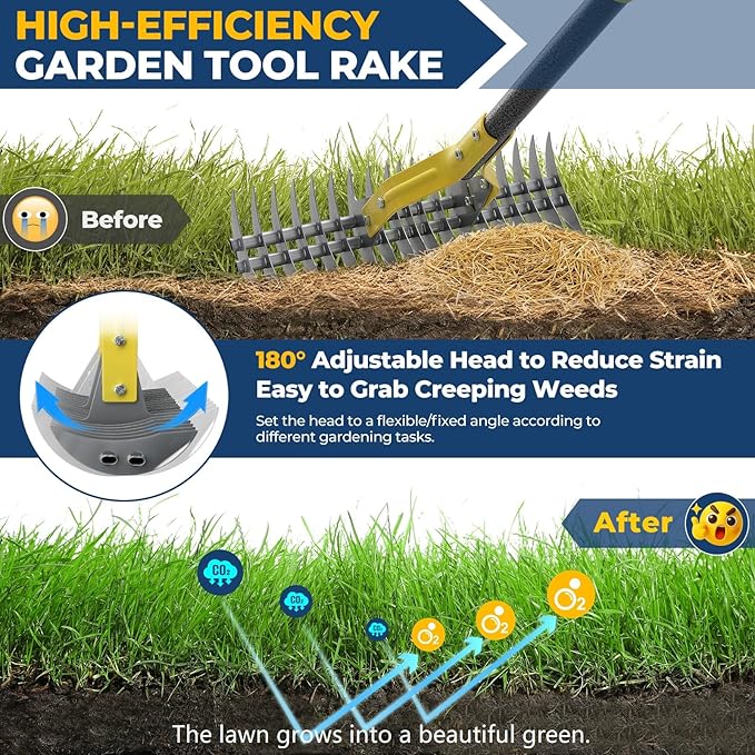 Thatch Rake, 51" Heavy Duty Metal Dethatcher Rake with 15" Wide Double-Edged Sharp Tines Thatch Rakes for Lawns,Dead Grass Removal,Soil Loosening,Lawn Care, Dethatching,Yard,Garden