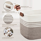 60L Large Laundry Basket with Leather Handles for Living Room Storage, Woven Rope Baskets Bin for Blanket, Kids Toy, Gifts, Wicker Hamper for Bedroom Dirty Clothes, 21"x15"x11" Dark Brown