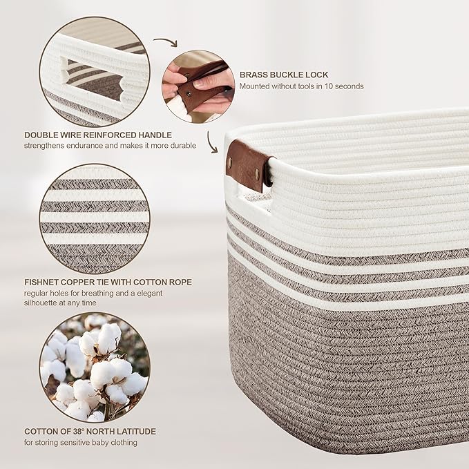 45L Small Laundry Basket with Leather Handles for Living Room Storage, Woven Rope Baskets Bin for Blanket, Kids Toy, Gifts, Wicker Hamper for Bedroom Dirty Clothes, 18"x14"x11" Dark Brown