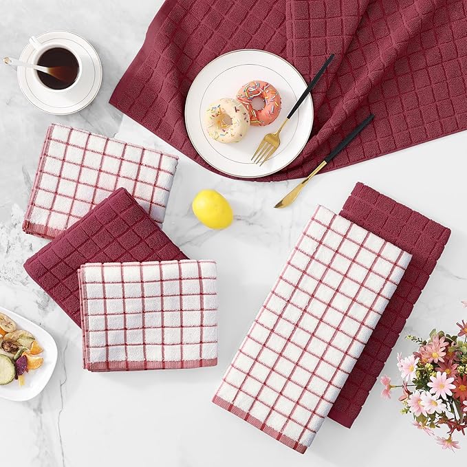 Homaxy Premium Cotton Kitchen Towels 16"x 28", Large Natural Ring Spun 390 GSM Dish Towels, Super Absorbent Terry Kitchen Hand Towels, Soft Tea Towel with Hanging Loop, Red Check Design,6 Pack