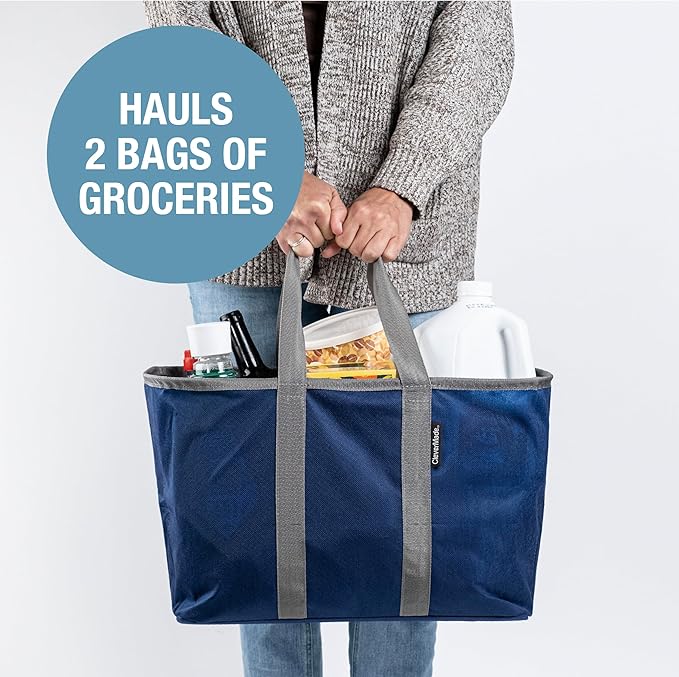 CleverMade EcoBasket 30L Collapsible Tote Basket 3 Pack – Reusable Grocery Tote That Stands Upright, Foldable Shopping Basket for Car Trunk Storage, Heavy Duty Utility Bag, 30 lb Capacity - Blue