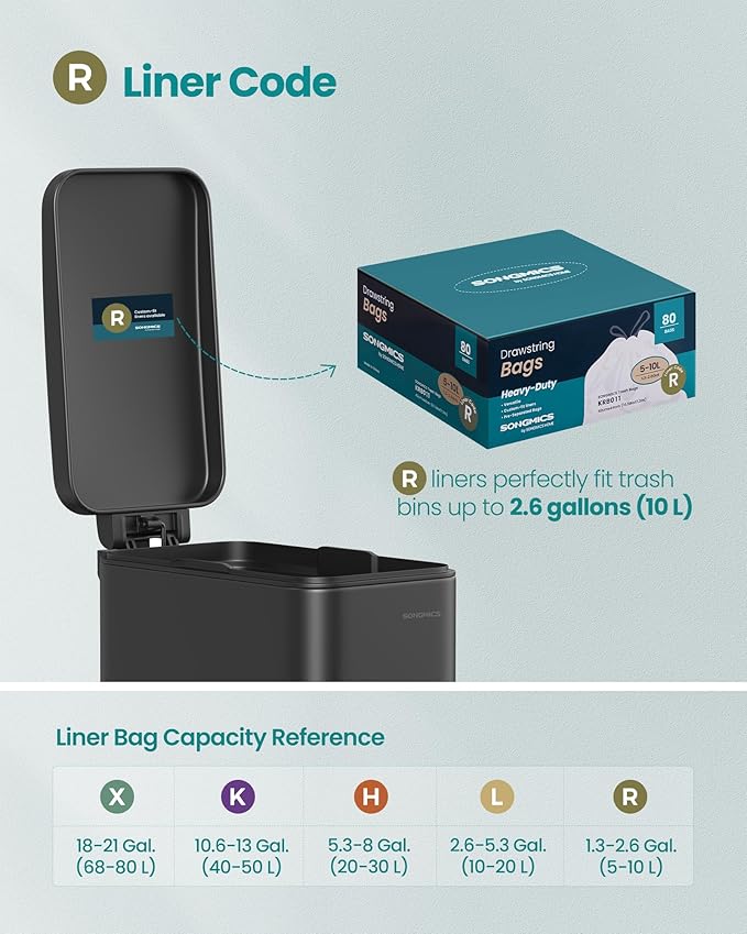 SONGMICS Trash Bags for 2.6-Gallon (10 L) Trash Cans, Drawstring Kitchen Garbage Bags, Pre-Separated, Quick-Dispense Box, Liner Code R, 2 Rolls, 80 Count, White UKRB011A02