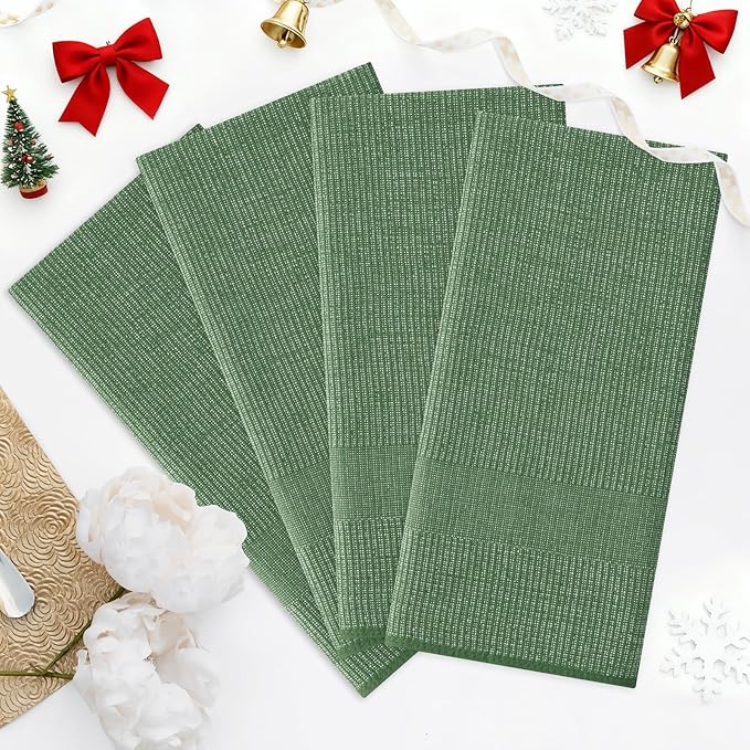 Homaxy Premium Kitchen Towels(18”x 28”, 6 Pack), Large Cotton Kitchen Hand Towels, Flat and Terry Dish Towels, 380 GSM Highly Absorbent Tea Towel Set with Hanging Loop, Grass Green