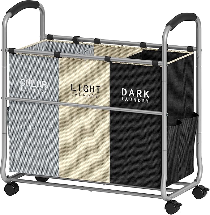 Tajsoon 3 section Laundry Hamper Sorter, Laundry Sorter Cart with Heavy Duty Lockable Wheels and Removable Bags, Laundry Separated Rolling Cart Basket for Clothes Storage, Grey+Beige+Black