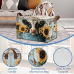 Wooden Highland Cow Storage Baskets,Butterfly Sunflower Foldable Large Capacity Organizer Bins with Waterproof Lining and Leather Handles for Closet,Shelf,Bedroom 17x11.5x10Inch