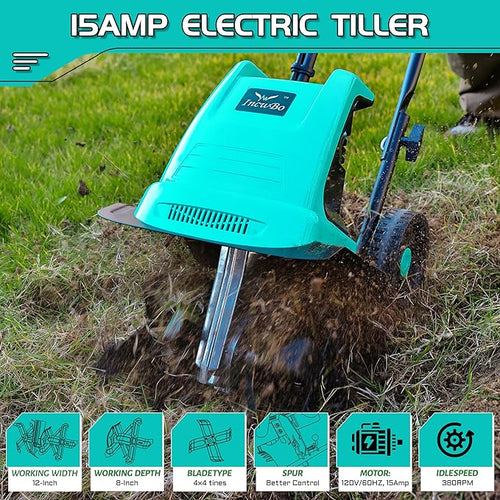 15 Amp 12 Inch Electric Tiller/Cultivator with 4 Steel Tines Small Garden Tiller for Gardening, Corded Rototiller with Adjustable Wheels