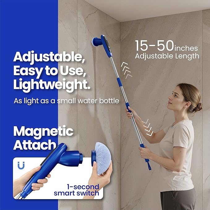 iKLYN Electric Spin Scrubber - Cordless Power with Long Handle, 8 Attachments, LED Display, 2 Speeds for Bathroom Shower Tub Bathtub Floor Cleaning