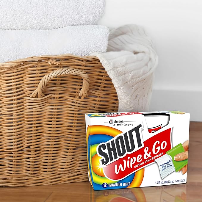 Shout Wipe & Go Instant Stain Remover Wipes, No Wash Required, Safe on Colorfast Washables, Travel & Baby Diaper Bag Essentials, Removes Grass, Coffee, Makeup & More, 12 Wipes (Pack of 12)