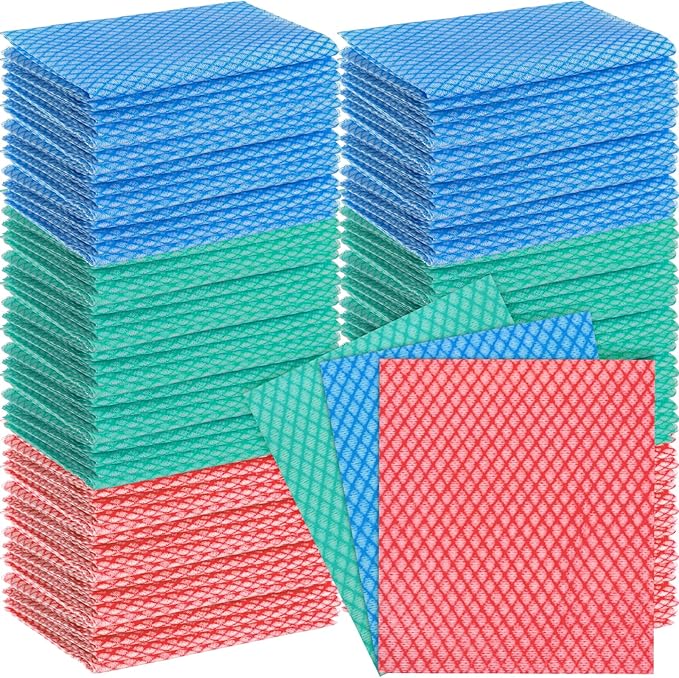 Tioncy 300 Pcs Disposable Dish Cloths for Kitchen Disposable Cleaning Cloth and Towels Handy Cleaning Wipes Disposable Rags for Kitchen and Office(Red, Green, Blue)