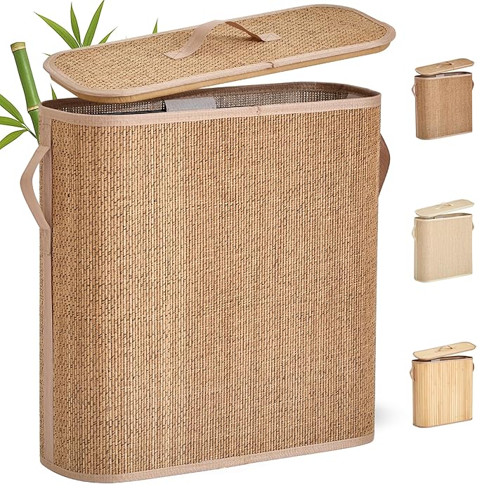 Bamboo Toilet Paper Storage Basket with Lid & Handle - 32L Large Capacity Handwoven Bathroom Organizer for 16 Rolls - Sturdy Stand Holder for Toilet Paper Organization, Carbon Brown
