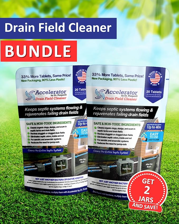 2-Pack Value BUNDLE of Drain Field Cleaner Tablets by Dr Pooper. Clears Septic Tanks and Drain Fields of Tough Clogs, Scum, Sludge AND Eliminates Odors FAST - Aerobic & Anaerobic Systems, Just Flush