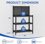 48" Adjustable Workbench with Pegboard,Heavy Duty Steel Work Bench with Lockable Wheels,Metal Rolling Work Table,3-Tier Metal Tool Storage Bench for Garage,Warehouse,Workshop, Home,Basement