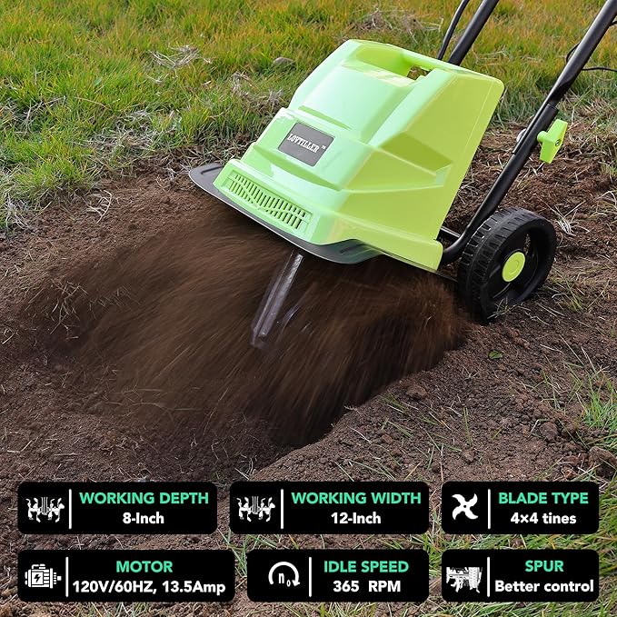 12 Inch Small Electric Corded Garden Tiller Cultivator 13.5 AMP Power Rototiller for Gardening with Adjustable Wheels