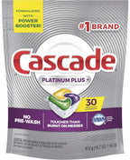 Cascade Platinum Dishwasher Pods, Actionpacs Dishwasher Detergent with Dishwasher Cleaner Action, Lemon Platinum Plus, 30 Count
