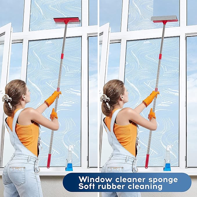 DSV Standard Window Squeegee, 2-in-1 Window Cleaner with 55" Extension Poles, Window Washing Kit, Glass Door Cleaner, Multi-Use Car Windshield Cleaning Tool with Long Handle for High Outdoor Windows