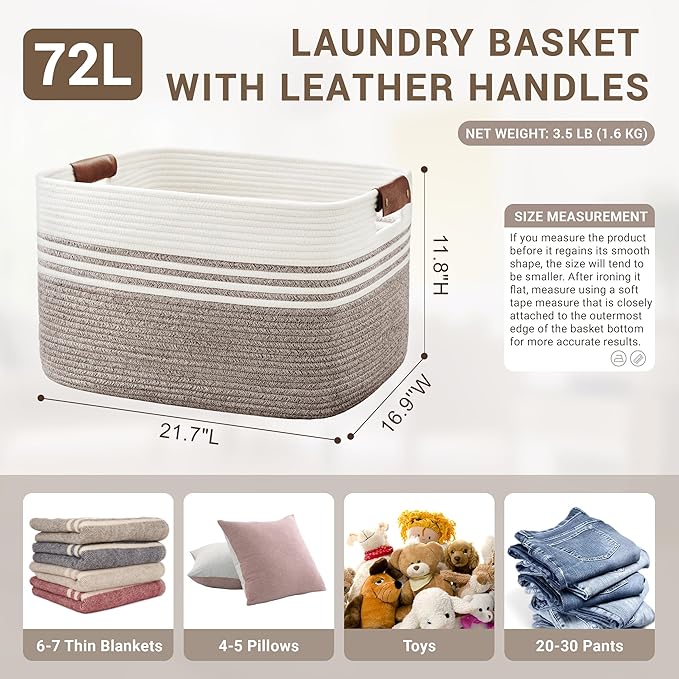 72L Large Laundry Basket with Leather Handles for Living Room Storage, Woven Rope Baskets Bin for Blanket, Kids Toy, Gifts, Wicker Hamper for Bedroom Dirty Clothes, 22"x17"x12" Dark Brown