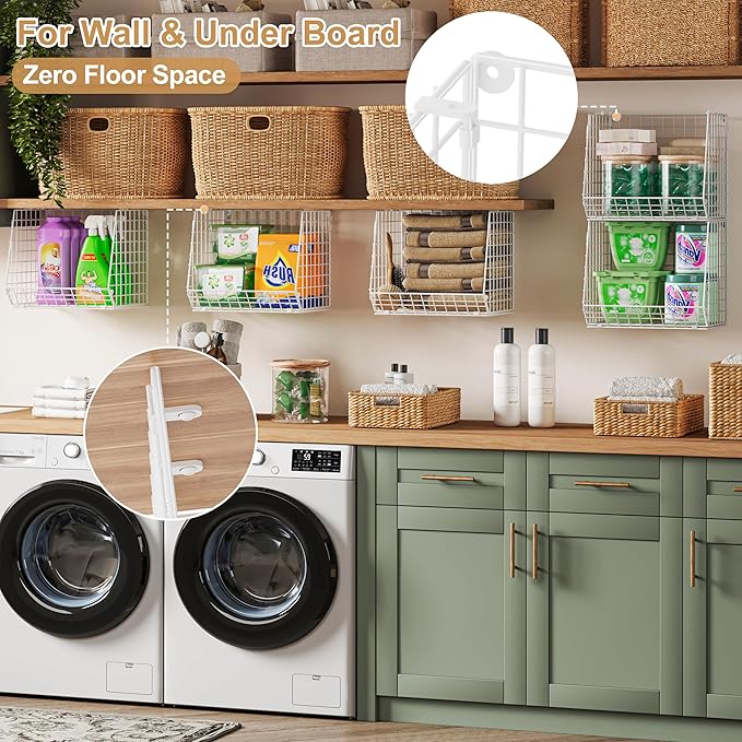 3 Pack Screw Mount Under The Wooden Shelf Laundry Room Organizer: Foldable Wire Basket Space Saving Over The Washer and Dryer - Laundry Organization and Storage, White Patent