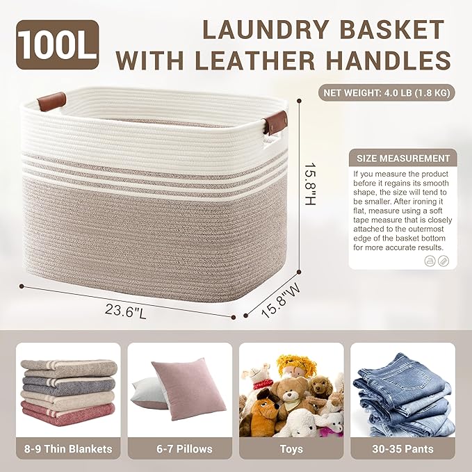 100L Extra Large Laundry Basket with Leather Handles for Living Room Storage, Woven Rope Baskets for Blanket, Kids Toy, Gifts, Wicker Hamper for Bedroom Dirty Clothes, 24"x16"x16" White Brown