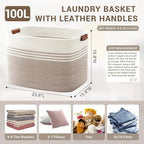 100L Extra Large Laundry Basket with Leather Handles for Living Room Storage, Woven Rope Baskets for Blanket, Kids Toy, Gifts, Wicker Hamper for Bedroom Dirty Clothes, 24"x16"x16" White Brown