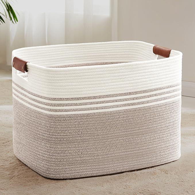100L Extra Large Laundry Basket with Leather Handles for Living Room Storage, Woven Rope Baskets for Blanket, Kids Toy, Gifts, Wicker Hamper for Bedroom Dirty Clothes, 24"x16"x16" White Brown