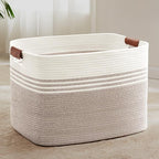 100L Extra Large Laundry Basket with Leather Handles for Living Room Storage, Woven Rope Baskets for Blanket, Kids Toy, Gifts, Wicker Hamper for Bedroom Dirty Clothes, 24"x16"x16" White Brown