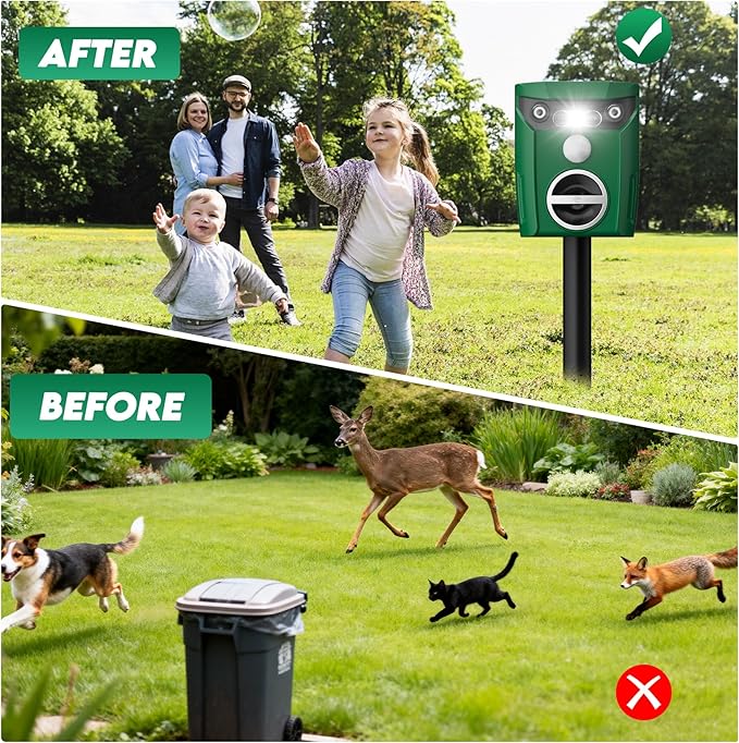 1 Pack Solar-Powered Ultrasonic Animal Repellent Outdoor, Deer Repellent Devices with Motion Sensor, Waterproof Deer, Cat, Raccoon, Coyote, Rabbit Deterrent for Yard, Garden, Farm