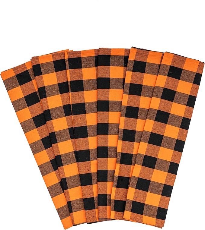 Orange Kitchen Towels - 100% Cotton, 6 Pack, Harvest Season Dish Towels - Multipurpose, Versatile Fall Tea Towels with Hanging Loop - Large Size Kitchen Towels for Thanksgiving Dinner (Orange & Black)