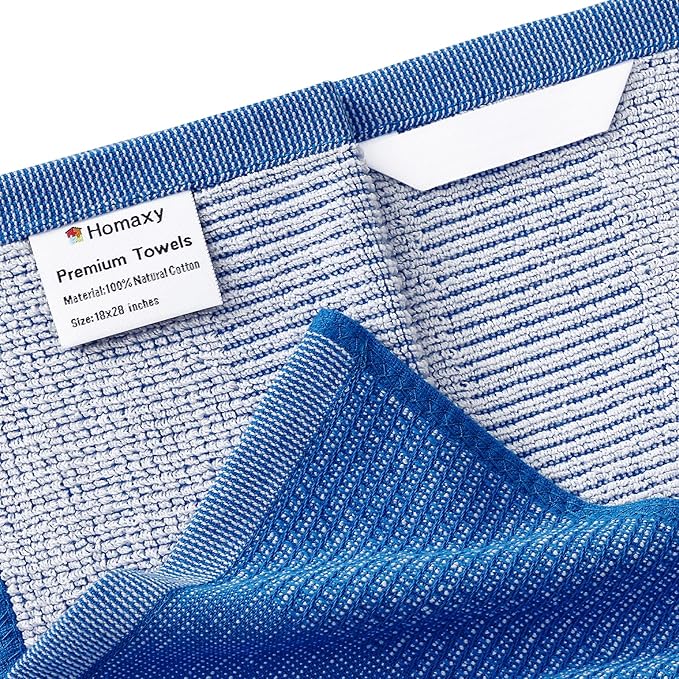 Homaxy Premium Kitchen Towels(18”x 28”, 12 Pack), Large Cotton Kitchen Hand Towels, Flat and Terry Dish Towels, 380 GSM Highly Absorbent Tea Towel Set with Hanging Loop, Blueberry