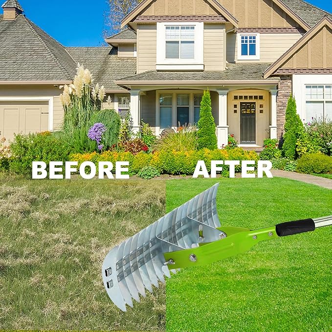 Thatch Rake,15" Lawn Dethatcher Rakes,Dead Grass Remover,Manual Dethatching Rake with Adjustable Length Handle,Scarifier Rake,Thatching Rakes for Lawns Grass Loosening Soil