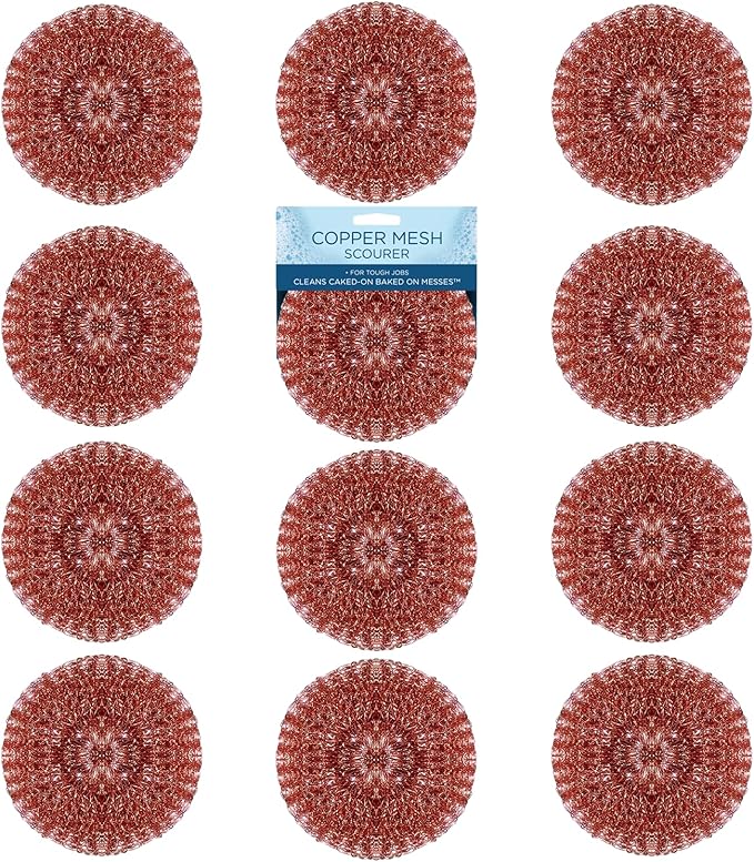 LOLA Copper Mesh Scouring Pad, 18 Grams, 12 Pack, eavy Duty Cleaning Pads, Copper Coated Knitted Flat Wire Mesh, Recyclable, Cleans Baked On Messes
