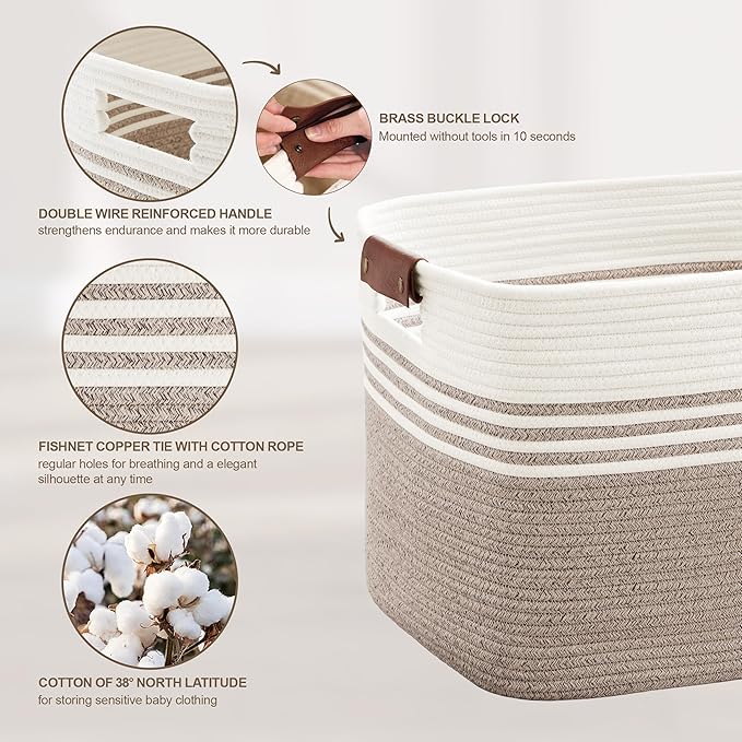 60L Large Laundry Basket with Leather Handles for Living Room Storage, Woven Rope Baskets Bin for Blanket, Kids Toy, Gifts, Wicker Hamper for Bedroom Dirty Clothes, White Brown