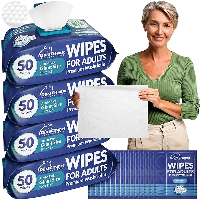 XL Body Wash Wipes for Adults No Rinse Bathing & Elderly Incontinence (4pk) - 200 Ct. + 16 Travel Bath Wipes, 10" x 11.5" Disposable Washcloths for Adult Surgery Recovery & Elder Care