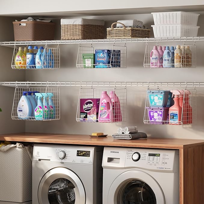 Sonyabecca 5-Tier Hanging Laundry Basket Organizer: Foldable Wire Shelf Basket with 4 Large Hooks 1.65" & 360°Rotating Hooks – Space-Saving Laundry Room Organization for Wardrobe Closet, White Patent