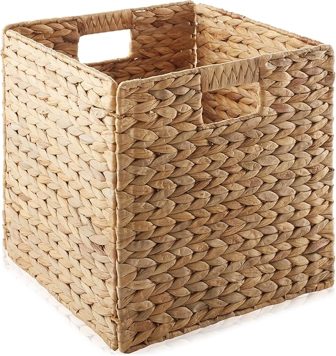 Casafield 12" x 12" Water Hyacinth Storage Baskets, Natural - Set of 4 Collapsible Cube Organizers, Woven Bins for Bathroom, Bedroom, Laundry, Pantry, Shelves