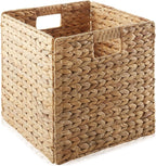 Casafield 12" x 12" Water Hyacinth Storage Baskets, Natural - Set of 4 Collapsible Cube Organizers, Woven Bins for Bathroom, Bedroom, Laundry, Pantry, Shelves