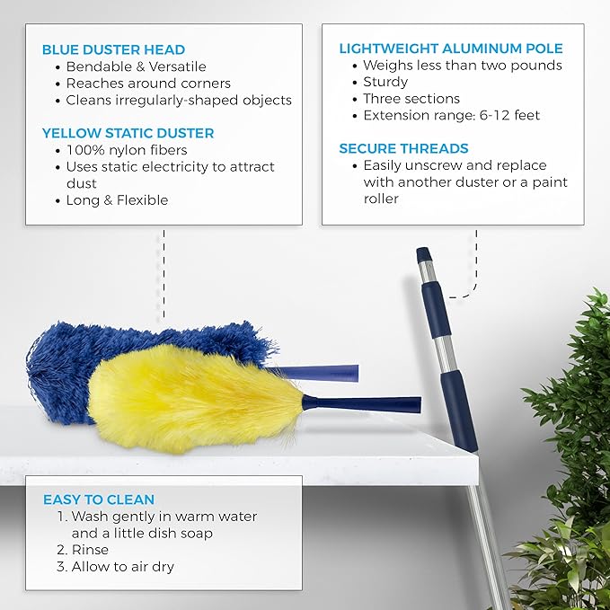 Feather Microfiber Plus Nylon Static Cobweb Duster | Reach Up To 20 Feet | Extendable 3 Tier Ceiling Fan Webster Duster Kit | Aluminum Extension Pole With Threaded Tip | U.S. Duster Co