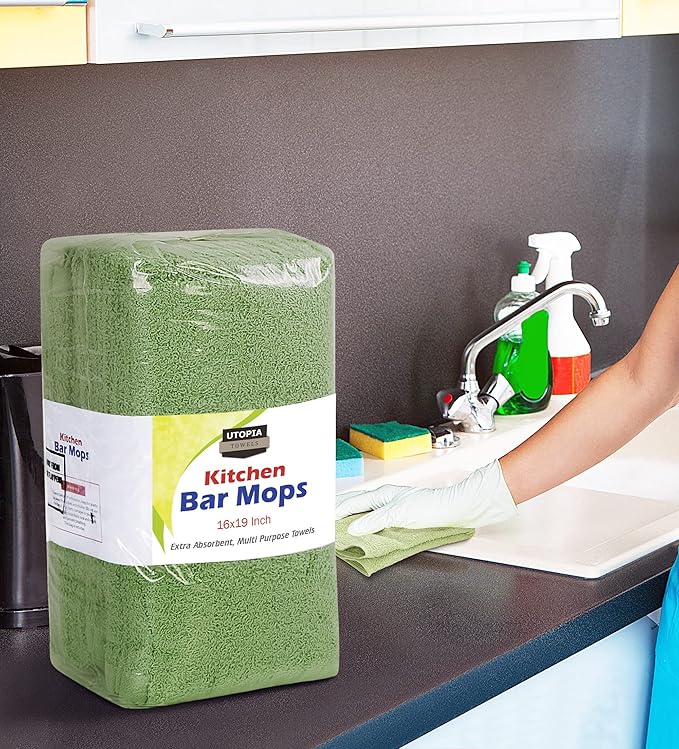 Utopia Towels Kitchen Bar Mops, Pack of 12, 16 by 19 Inches, 100% Cotton Super Absorbent Sage Green Towels, Multi-Purpose Cleaning Towels for Home and Kitchen Bars