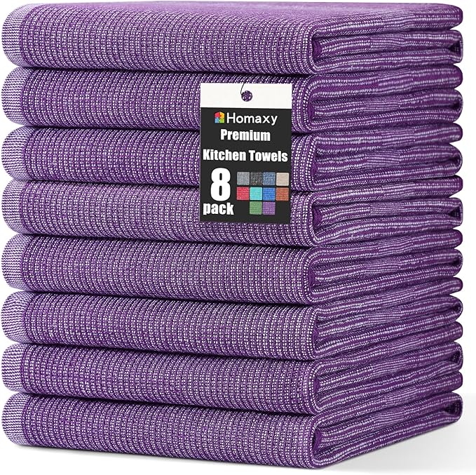 Homaxy Premium Kitchen Towels(18”x 28”, 8 Pack), Large Cotton Kitchen Hand Towels, Flat and Terry Dish Towels, 380 GSM Highly Absorbent Tea Towel Set with Hanging Loop, Purple