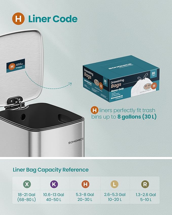 SONGMICS Trash Bags for 8-Gallon (30 L) Trash Cans, Drawstring Kitchen Garbage Bags, Pre-Separated, Quick-Dispense Box, Liner Code H, 2 Rolls, 80 Count, White UKRB031A02