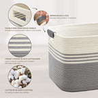 100L Extra Large Laundry Basket with Leather Handles for Living Room Storage, Woven Rope Baskets for Blanket, Kids Toy, Gifts, Wicker Hamper for Bedroom Dirty Clothes, 24"x16"x16" White Grey