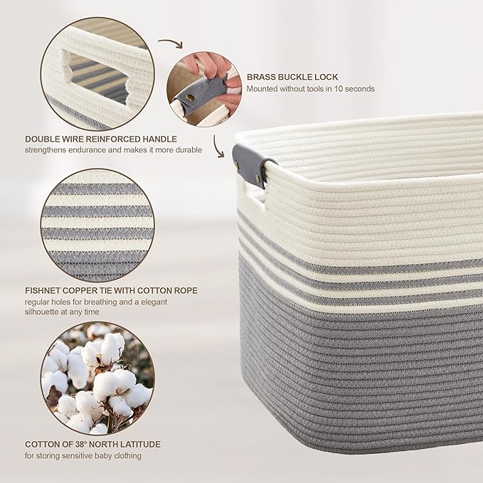 100L Extra Large Laundry Basket with Leather Handles for Living Room Storage, Woven Rope Baskets for Blanket, Kids Toy, Gifts, Wicker Hamper for Bedroom Dirty Clothes, 24"x16"x16" White Grey