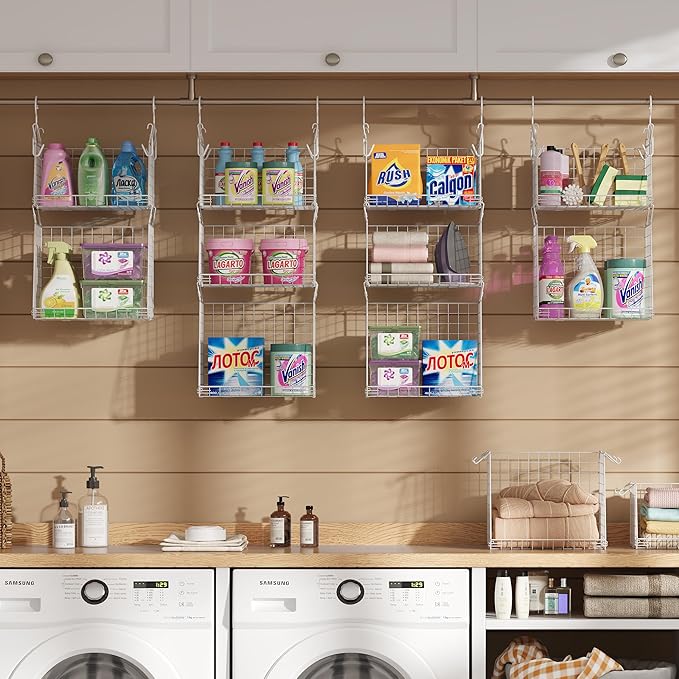 Sonyabecca 5-Tier Hanging Laundry Basket Organizer: Foldable Wire Shelf Basket with 4 Large Hooks 1.65" & 360°Rotating Hooks – Space-Saving Laundry Room Organization for Wardrobe Closet, White Patent