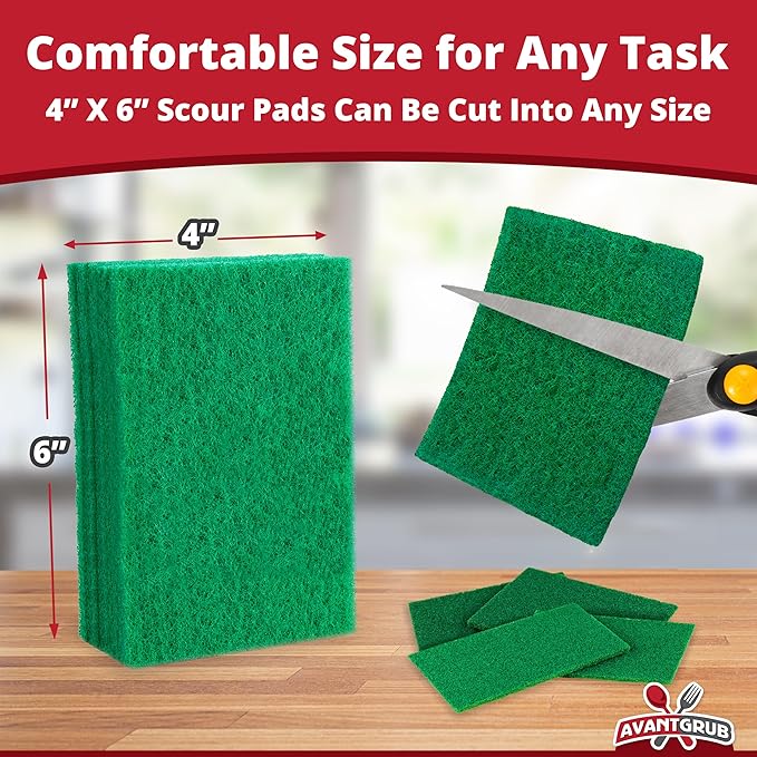 Green Sustainable 10 Pack Cleaning Scour Pads by Avant Grub. Powerful Stain Remover for Cookware. Easily Remove Grease and Residues. Eco-Friendly Solution for Kitchen Cleaning.