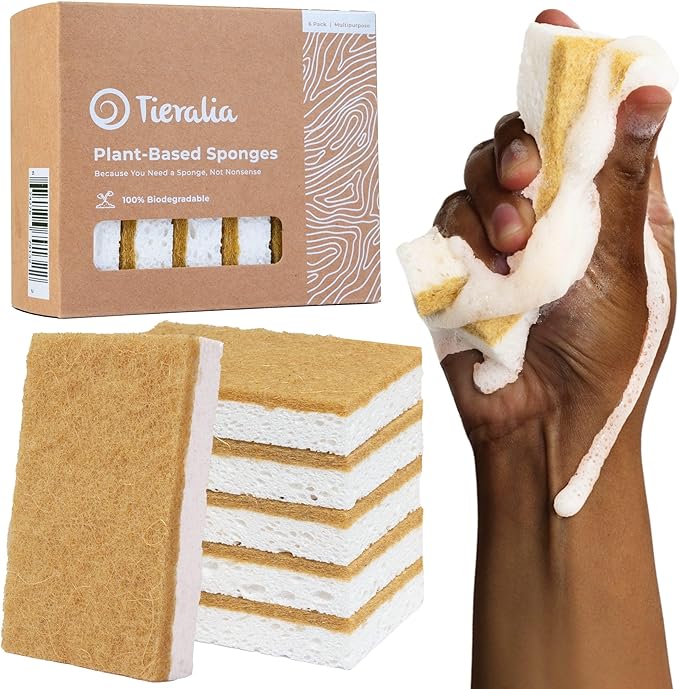 Tieralia Natural Dish Sponge Set – 6-Pack Eco-Friendly & Compostable Scrubbers | Cellulose & Sisal | Non-Toxic, Odor-Free, Reusable Kitchen Sponges for Dishes, Sink, Pots & Pans