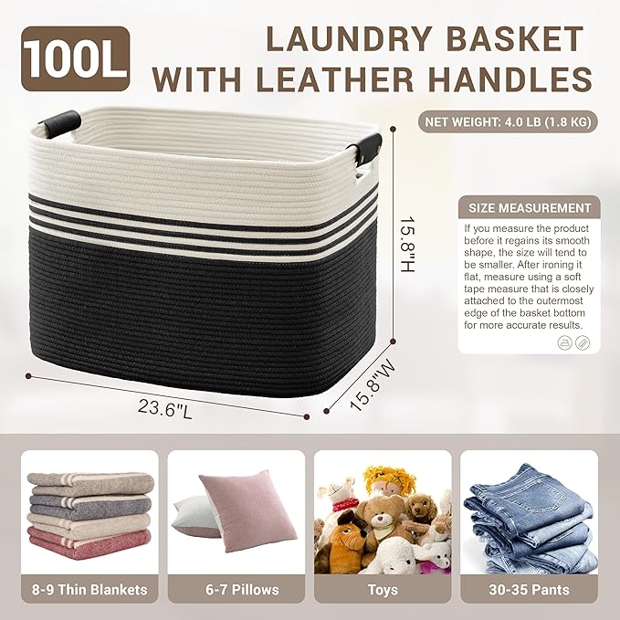 100L Extra Large Laundry Basket with Leather Handles for Living Room Storage, Woven Rope Baskets for Blanket, Kids Toy, Gifts, Wicker Hamper for Bedroom Dirty Clothes, 24"x16"x16" White Black